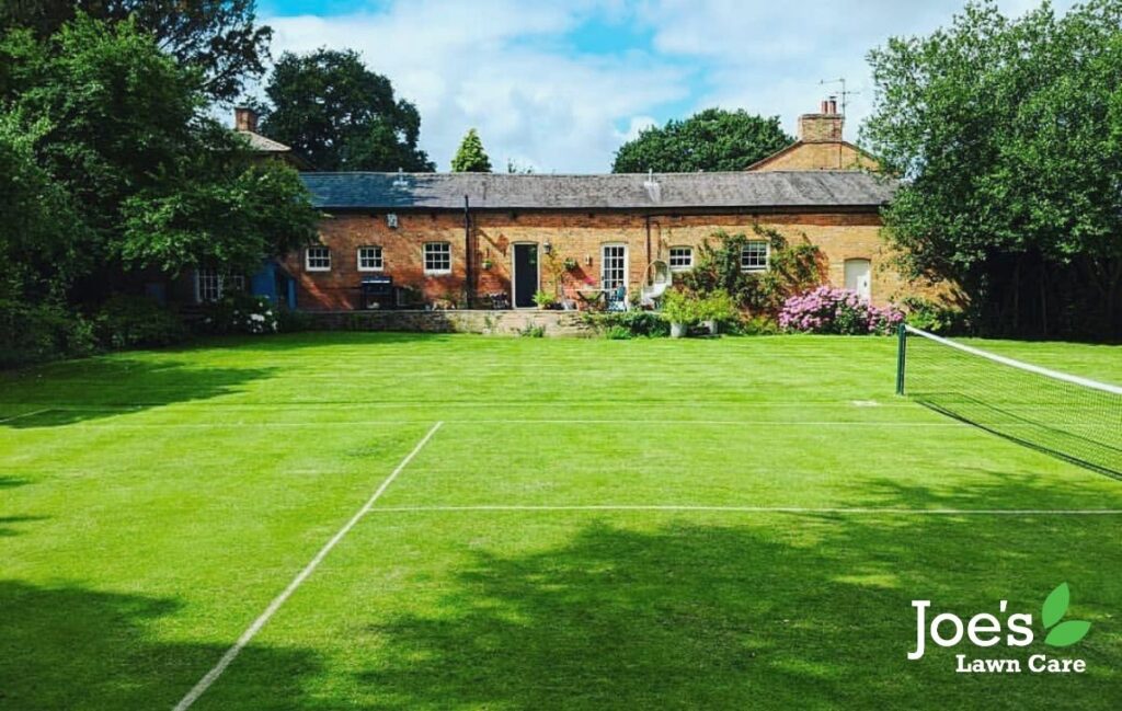 Perfectly aesthetic and manicured grass tennis courts by Joe's Lawn Care.